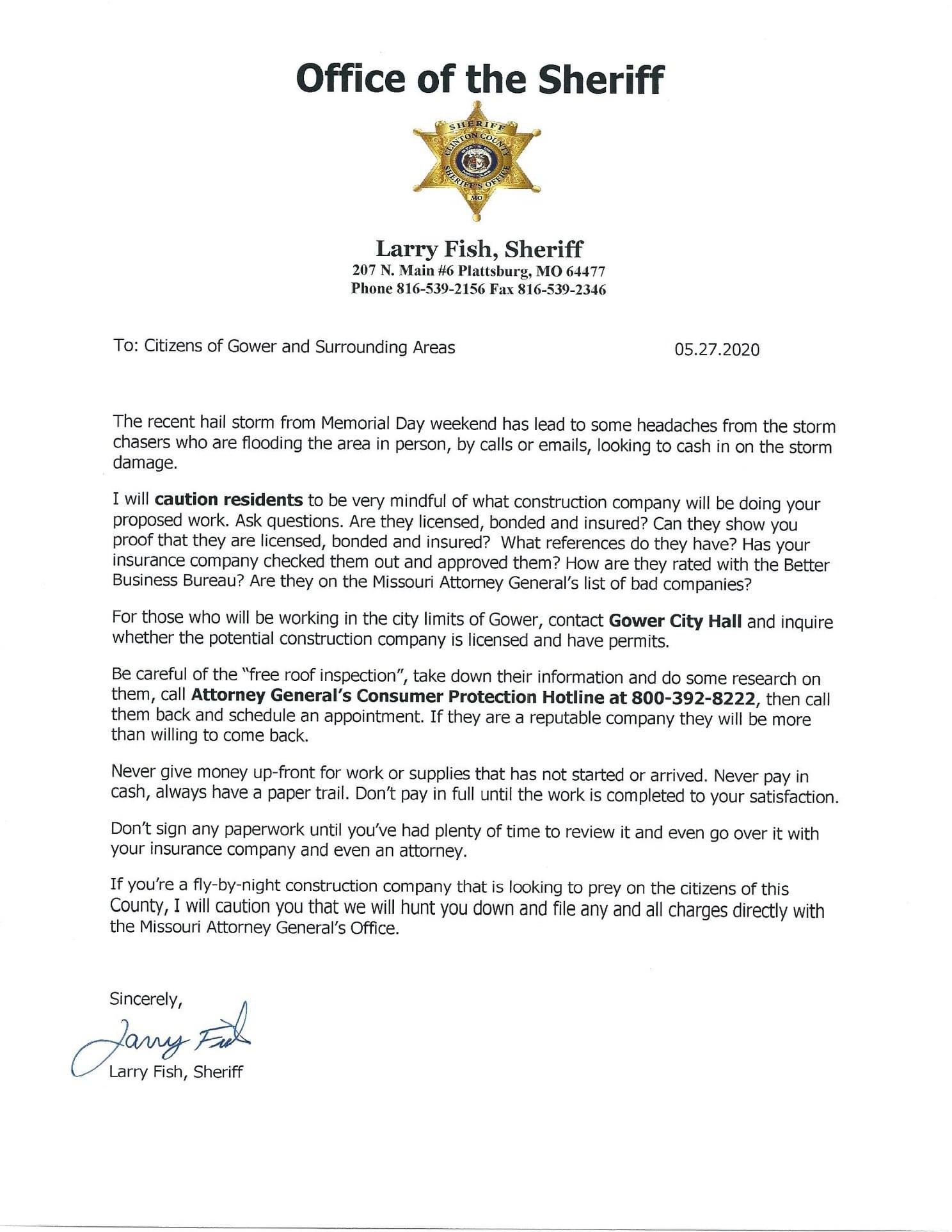 Sheriff Larry Fish Letter 6-2020